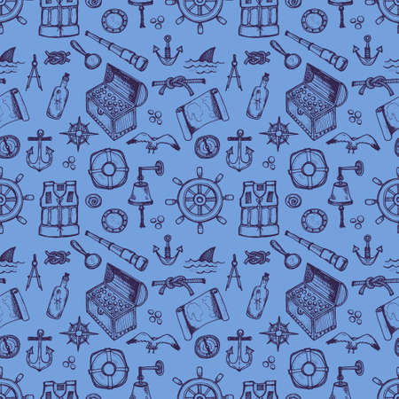 Seamless pattern with cute hand drawn elements of marine theme including ships, anchors, fish, shells and others. Hand drawn marine collectionのイラスト素材