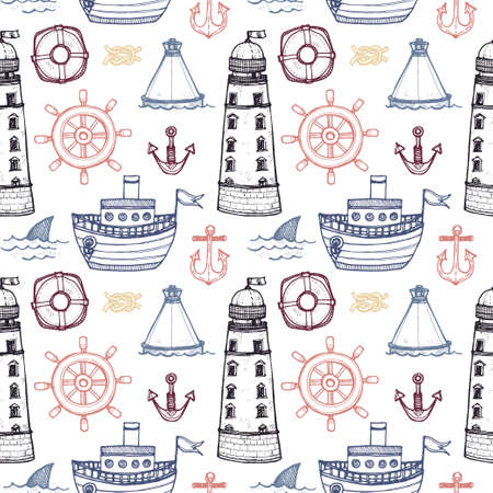 Seamless pattern with cute elements of marine theme including ship, anchors and others. Hand drawn marine collectionのイラスト素材