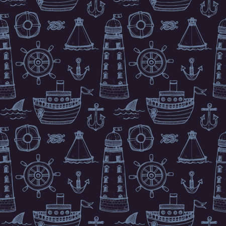 Seamless pattern with cute  elements of marine theme including ship, anchors and others. Hand drawn marine collectionのイラスト素材