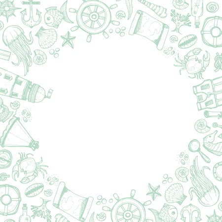 Frame with cute hand drawn elements of marine theme including anchors, fish, shells and others. Hand drawn marine collectionのイラスト素材