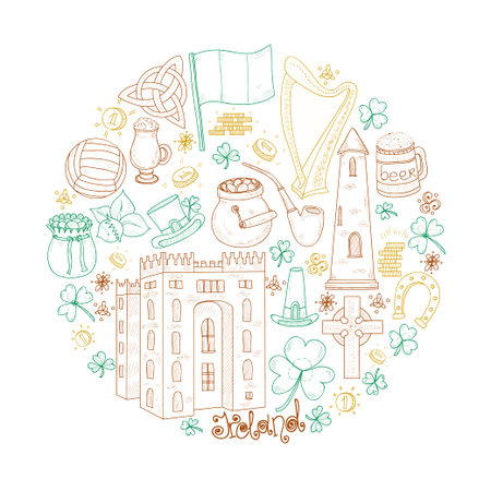 Round composition with Ireland related hand drawn icons including irish coffee; irish round tower and others. Doodle vector Ireland related collectionのイラスト素材