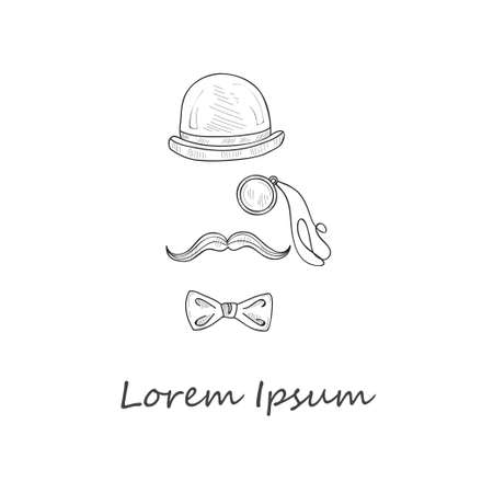 Composition with hand drawn  silhouette of bowler, mustaches, monocle and a bow tie. Vector illustration.のイラスト素材