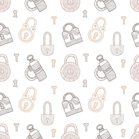 Seamless pattern with cute hand drawn ornate padlocks. Vector collectionのイラスト素材