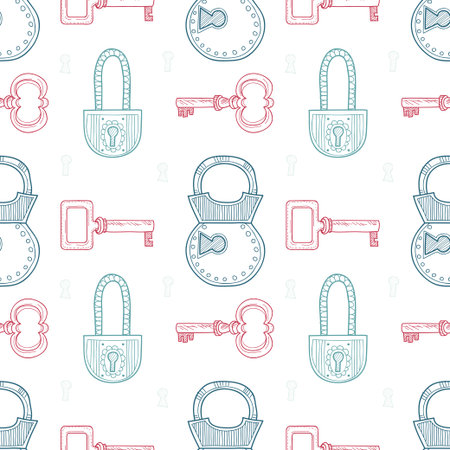 Seamless pattern with cute hand drawn keys and padlocks. Vector colectionのイラスト素材