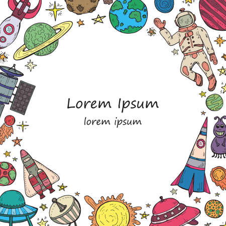 Card template with cute hand drawn space objectsのイラスト素材