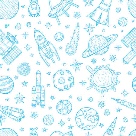Seamless pattern with cute hand drawn space objectsのイラスト素材