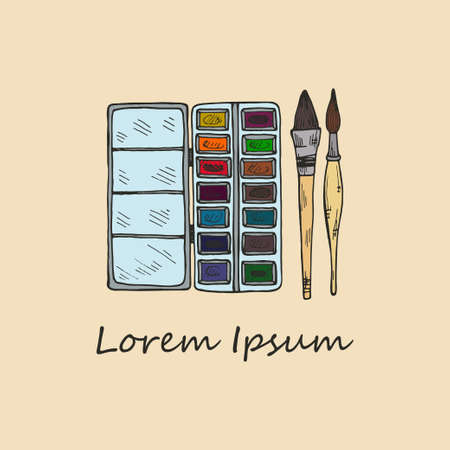 Composition with cute hand  brushes and watercolorのイラスト素材