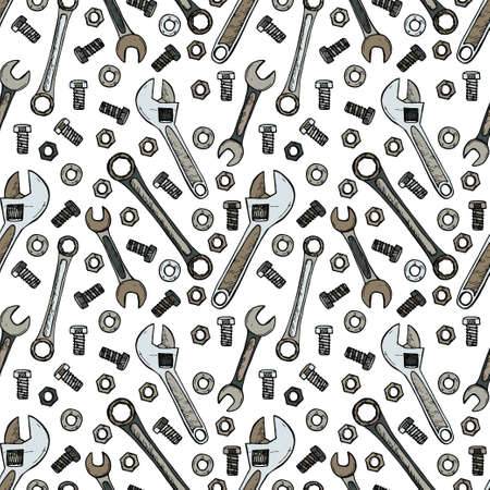 Seamless pattern with house repair tools including wrenchs, bolts and other. Vector hand drawn collectionのイラスト素材