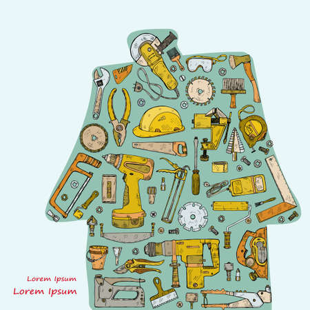 Composition with house repair tools including hammer, sledgehammer, spatula, brush, nail, screw, wrench and other tool hand drawn vector collection.のイラスト素材