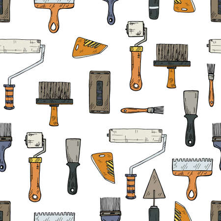 House repair tools seamless pattern including roller, spatula, chisel, scraper, brush hand drawn vector collection.のイラスト素材