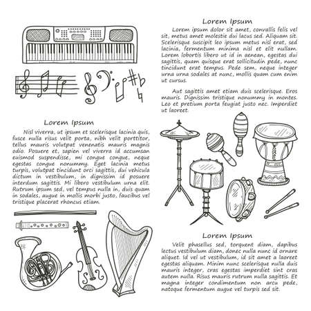 Illustration with cute hand drawn musical instruments. Vector collectionのイラスト素材