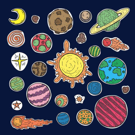 Stickers set with cute hand drawn space objects: rockets, planets, moon, sun etc. Hand-drawn vector collection.のイラスト素材