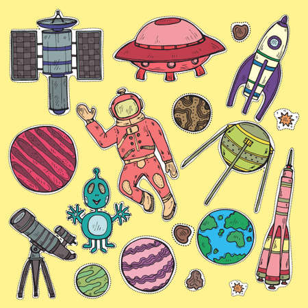 Stickers set with cute hand drawn space objects: rockets, planets, moon, sun etc. Hand-drawn vector collectionのイラスト素材