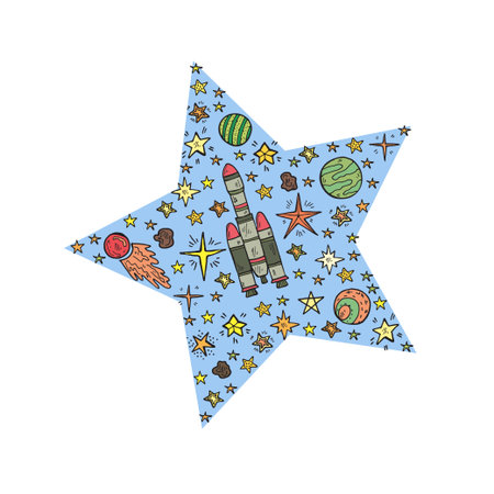 Illustration with cute hand drawn space objects: stars, rockets, planets, moon, sun etc. Hand-drawn...