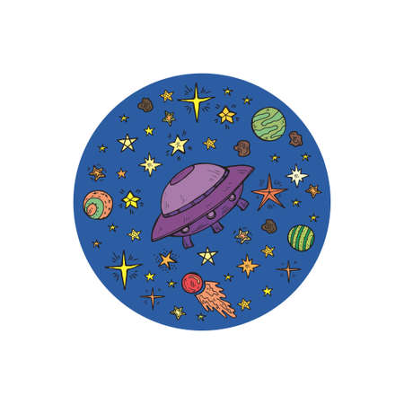 Composition with cute hand drawn space objects: stars, rockets, planets, etc. Hand-drawn vector collectionのイラスト素材