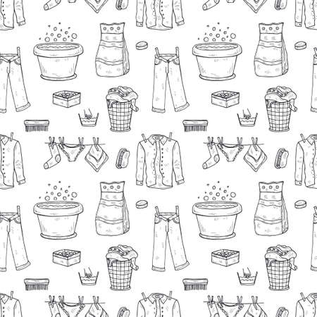 Seamless pattern with hand drawn laundry icons. Collection of sketched objects.  Home laundry service. Accessories for washing and drying clothesのイラスト素材