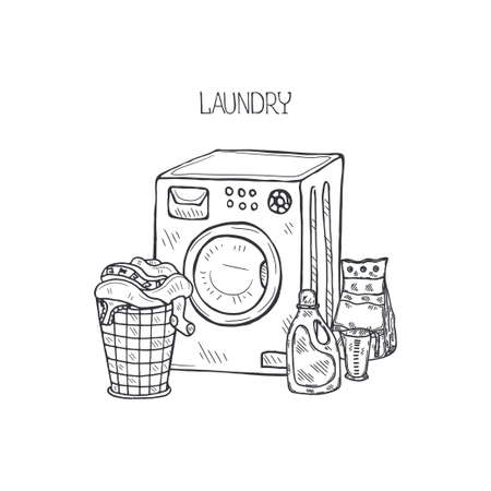 Composition with hand drawn laundry icons. Collection of sketched objects.  Home laundry service. Accessories for washing and drying clothesのイラスト素材