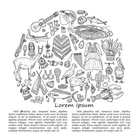 Illusrtation with cute hand drawn Peru related icons. Vector travel collection.のイラスト素材