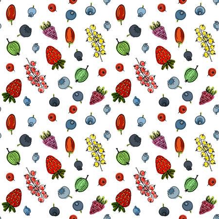 Seamless pattern with cute colorful hand drawn berries. Vector illustration