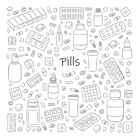 Big set with cute hand drawn pills icons. Vector medical collectionのイラスト素材