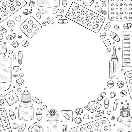 Frame with cute hand drawn pills icons. Vector medical collectionのイラスト素材