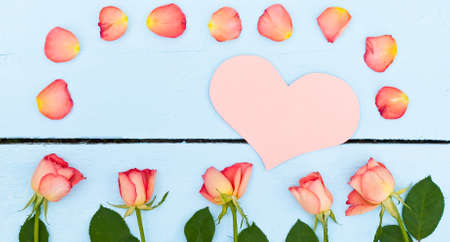 Pink heart and bright roses on blue wood backgroundの写真素材