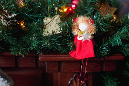 Christmas bright decoration with tree branch and toysの写真素材