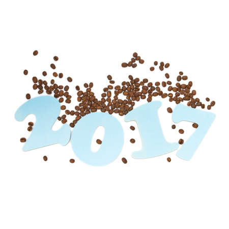 Blue wooden figures of 2017 and coffee beans on a white backgroundの写真素材