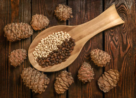 Pine nuts. Cedar nuts and cones on wooden table. Pine nuts on a wooden spoon.の写真素材