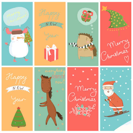8 Christmas banner with cartoon charactersのイラスト素材