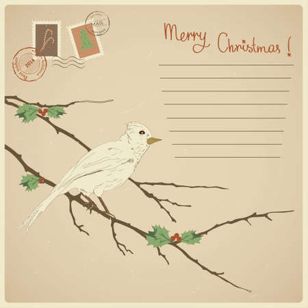 Pretty vintage card for Christmas and New year holidays with bird illustration  のイラスト素材