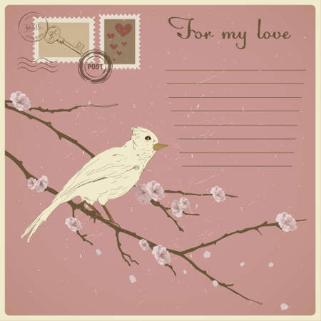 Pretty vintage card for valentines day with bird illustration のイラスト素材