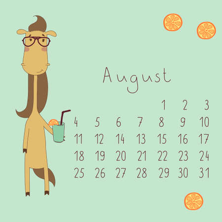 Calendar for August 2014  Calendar with the symbol of the eastern horoscope  Year of the Horse のイラスト素材