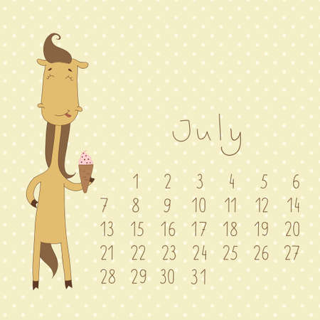Calendar for july 2014  Calendar with the symbol of the eastern horoscope  Year of the Horse のイラスト素材