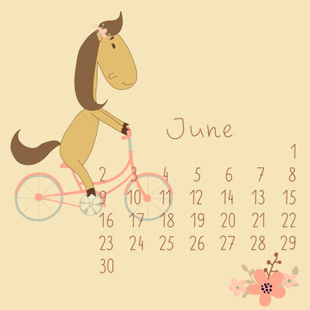 Calendar for June 2014  Calendar with the symbol of the eastern horoscope  Year of the Horse のイラスト素材