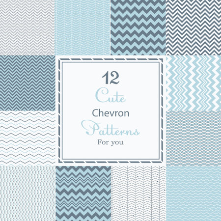 12 Cute different chevron vector seamless patterns  tiling   Black, white and blue color  Endless texture can be used for printing onto fabric and paper or scrap booking のイラスト素材