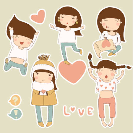 Valentine stickers with girl in loveのイラスト素材