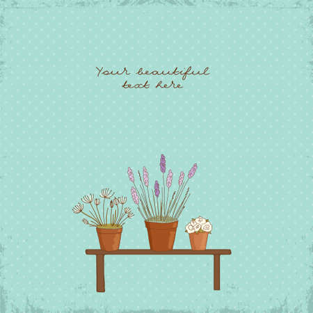 Vintage greeting card with the pot plants collection on the benchのイラスト素材