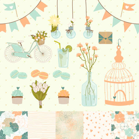 Set for wedding design  Save the date  The set includes macaroon, flags, flowers, hearts, birdcage, seamless floral patternsのイラスト素材