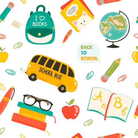 Cute school cartoon seamless pattern. Back to school illustration. Pencil, pen, apple, books, bag, globe, school bus. All for beginning of the school. Vector patternのイラスト素材