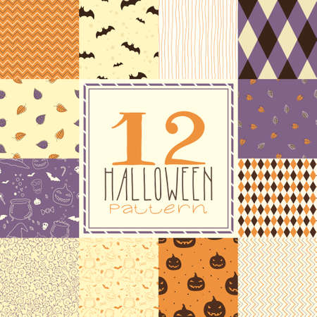 Seamless pattern with pumpkins, skulls, zigzags, bats and other symbolsのイラスト素材