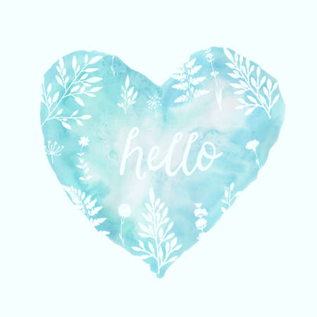 Blue vector watercolor heart with floral ornamentのイラスト素材
