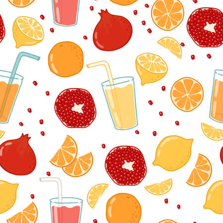 Bright vector seamless background with fruits and fruits juiceのイラスト素材