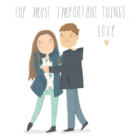 Cute cartoon illustration of young woman and man in love. The most important things ...のイラスト素材