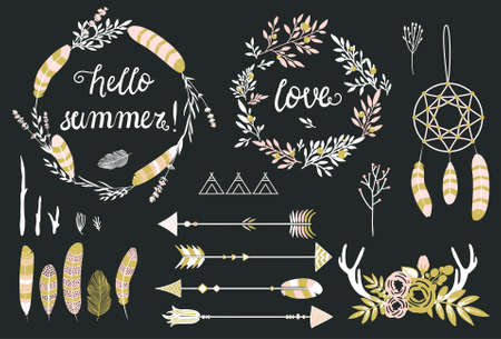 Arrows, wreathes, feathers, Indian elements set. Tribal collection for greeting cards.のイラスト素材