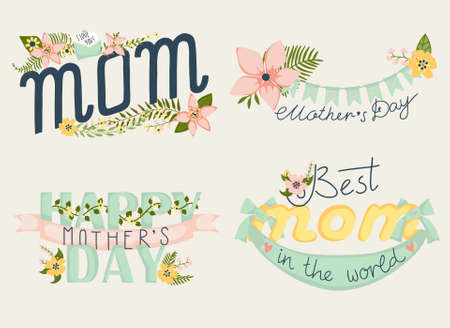 A set of floral design elements with wreaths, ribbons and hearts for mother's dayのイラスト素材