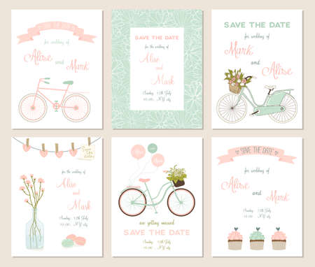 Collection of 6 cute card templates. Wedding, marriage, save the date, baby shower, bridal, birthday, Valentine's day. Stylish simple design. Vector illustration.のイラスト素材