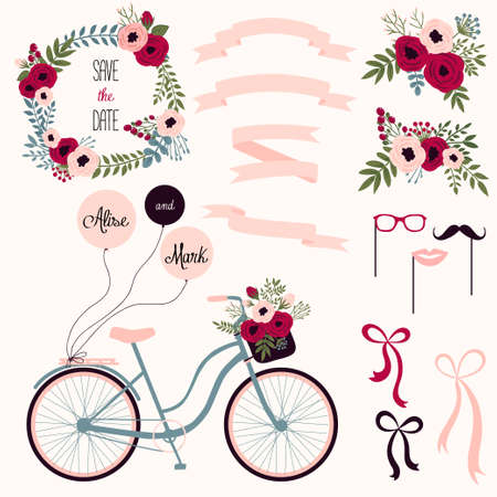 Vector wedding set with summer flowers, ribbons and bicycle. Vector illustration. Vintage collection.のイラスト素材
