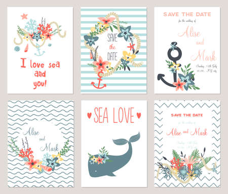 6 save the date cards template collection. Summer ocean flowers bouquets and wreath set. Nautical sea wedding elements. Wedding, marriage, bridal shower, birthday, Valentine's day. Vector illustrationのイラスト素材