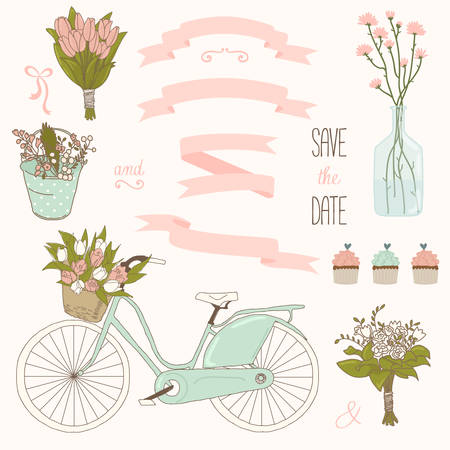 Vector wedding set with summer flowers, ribbons and bicycle. Vector illustration. Vintage collection.のイラスト素材